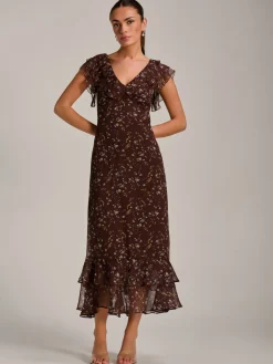 Jolie Moi Occasion Dresses|Floral Dresses-Ruffle V Neckline Chiffon Midaxi Dress, Brown Multi