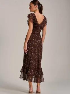 Jolie Moi Occasion Dresses|Floral Dresses-Ruffle V Neckline Chiffon Midaxi Dress, Brown Multi