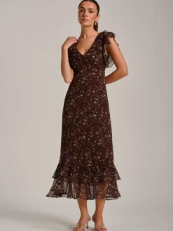 Jolie Moi Occasion Dresses|Floral Dresses-Ruffle V Neckline Chiffon Midaxi Dress, Brown Multi