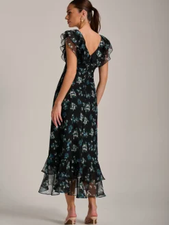 Jolie Moi Occasion Dresses|Floral Dresses-Ruffle V Neckline Chiffon Midaxi Dress, Navy Multi