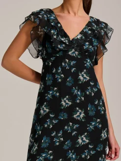 Jolie Moi Occasion Dresses|Floral Dresses-Ruffle V Neckline Chiffon Midaxi Dress, Navy Multi