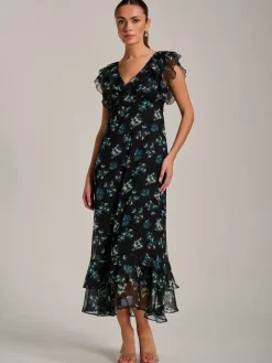 Jolie Moi Occasion Dresses|Floral Dresses-Ruffle V Neckline Chiffon Midaxi Dress, Navy Multi