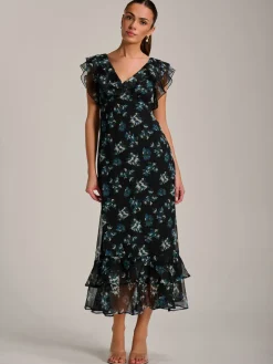 Jolie Moi Occasion Dresses|Floral Dresses-Ruffle V Neckline Chiffon Midaxi Dress, Navy Multi