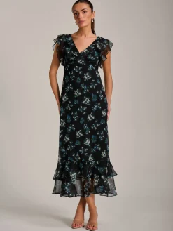 Jolie Moi Occasion Dresses|Floral Dresses-Ruffle V Neckline Chiffon Midaxi Dress, Navy Multi