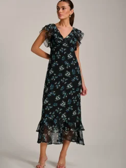 Jolie Moi Occasion Dresses|Floral Dresses-Ruffle V Neckline Chiffon Midaxi Dress, Navy Multi