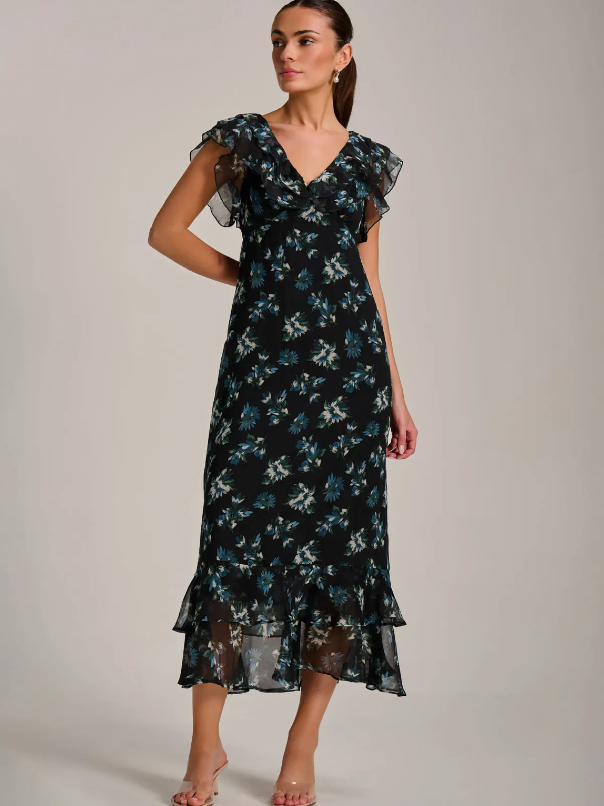 Jolie Moi Occasion Dresses|Floral Dresses-Ruffle V Neckline Chiffon Midaxi Dress, Navy Multi
