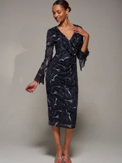 Jolie Moi Occasion Dresses|Long Sleeved Dresses-Ruffle V-Neckline Mesh Bodycon Midaxi Dress, Black Abstract