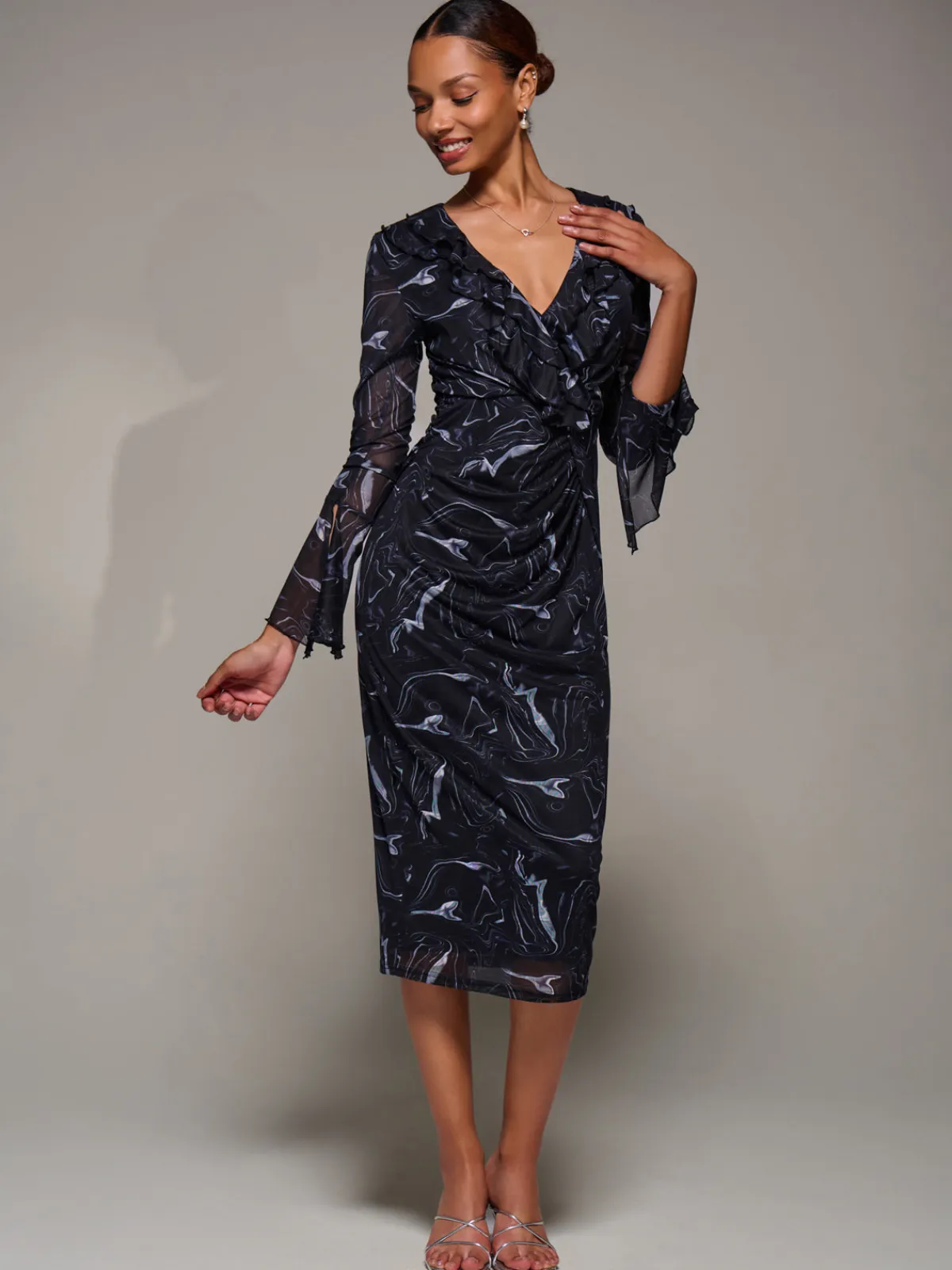 Jolie Moi Occasion Dresses|Long Sleeved Dresses-Ruffle V-Neckline Mesh Bodycon Midaxi Dress, Black Abstract