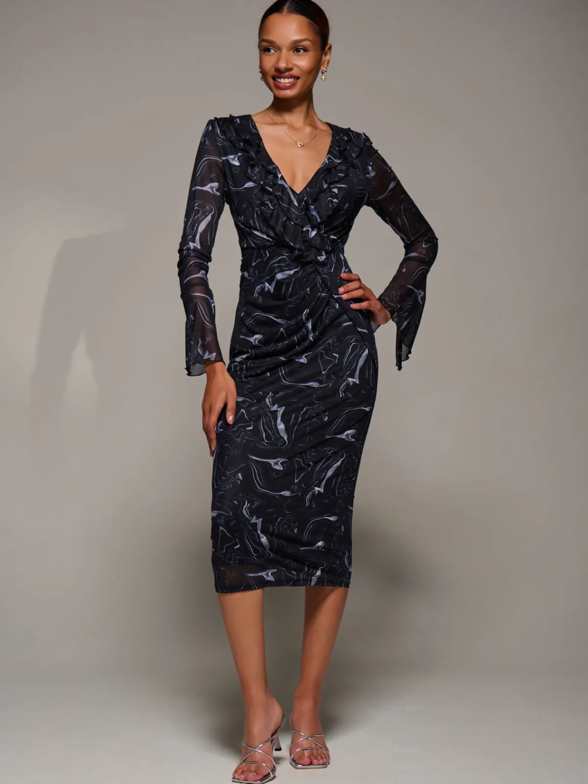 Jolie Moi Occasion Dresses|Long Sleeved Dresses-Ruffle V-Neckline Mesh Bodycon Midaxi Dress, Black Abstract