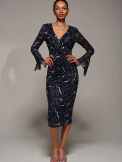 Jolie Moi Occasion Dresses|Long Sleeved Dresses-Ruffle V-Neckline Mesh Bodycon Midaxi Dress, Black Abstract