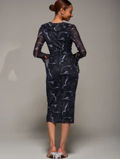 Jolie Moi Occasion Dresses|Long Sleeved Dresses-Ruffle V-Neckline Mesh Bodycon Midaxi Dress, Black Abstract