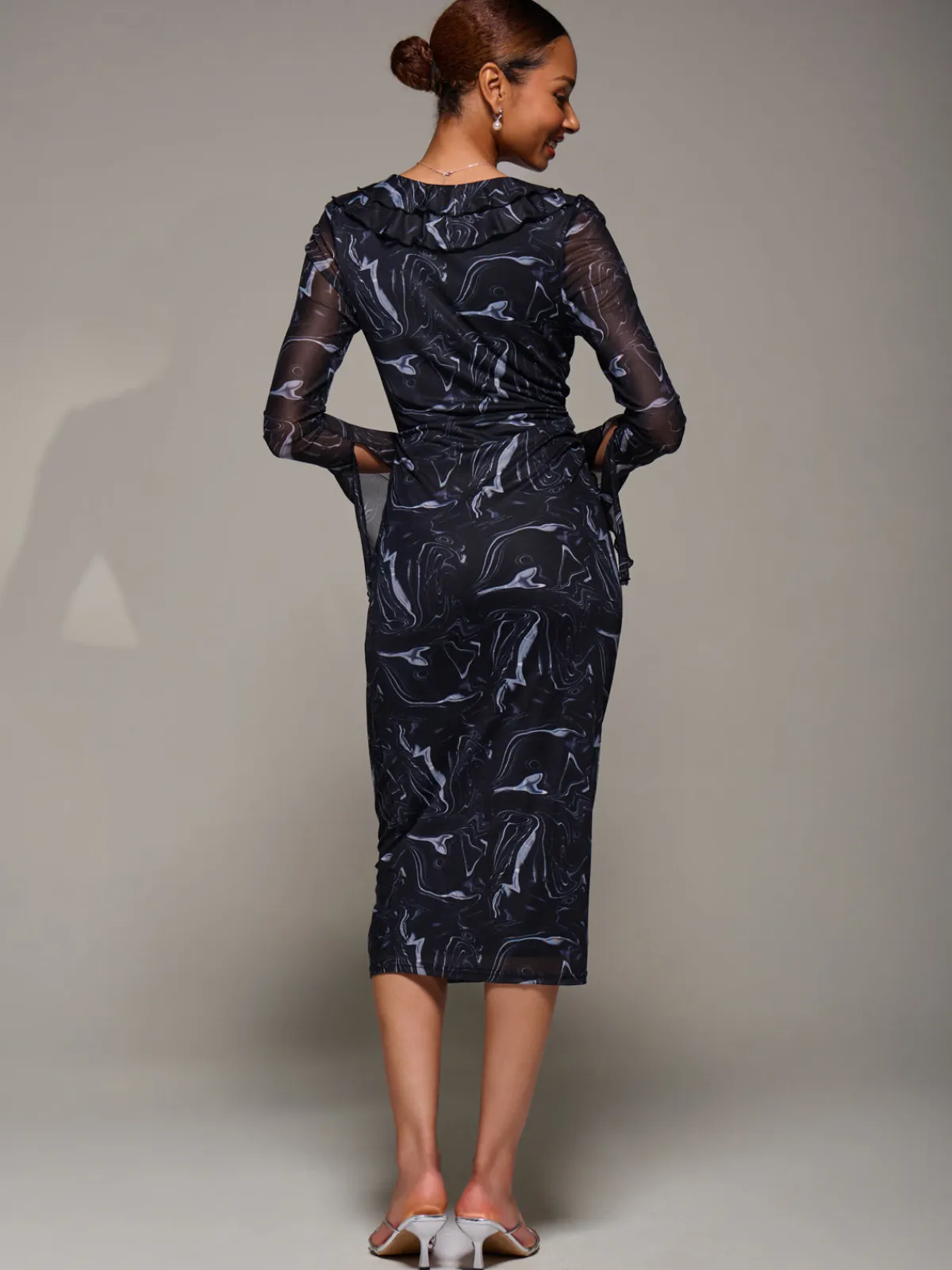 Jolie Moi Occasion Dresses|Long Sleeved Dresses-Ruffle V-Neckline Mesh Bodycon Midaxi Dress, Black Abstract