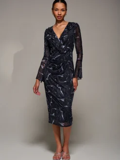 Jolie Moi Occasion Dresses|Long Sleeved Dresses-Ruffle V-Neckline Mesh Bodycon Midaxi Dress, Black Abstract