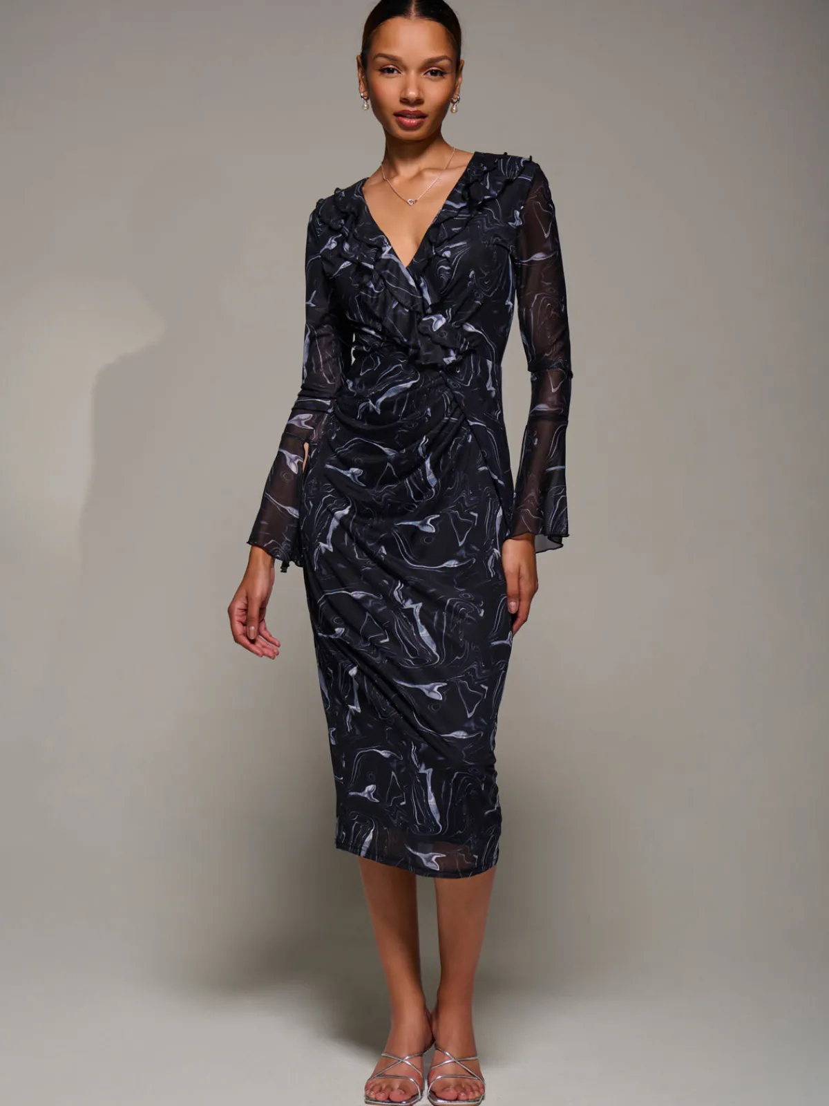 Jolie Moi Occasion Dresses|Long Sleeved Dresses-Ruffle V-Neckline Mesh Bodycon Midaxi Dress, Black Abstract
