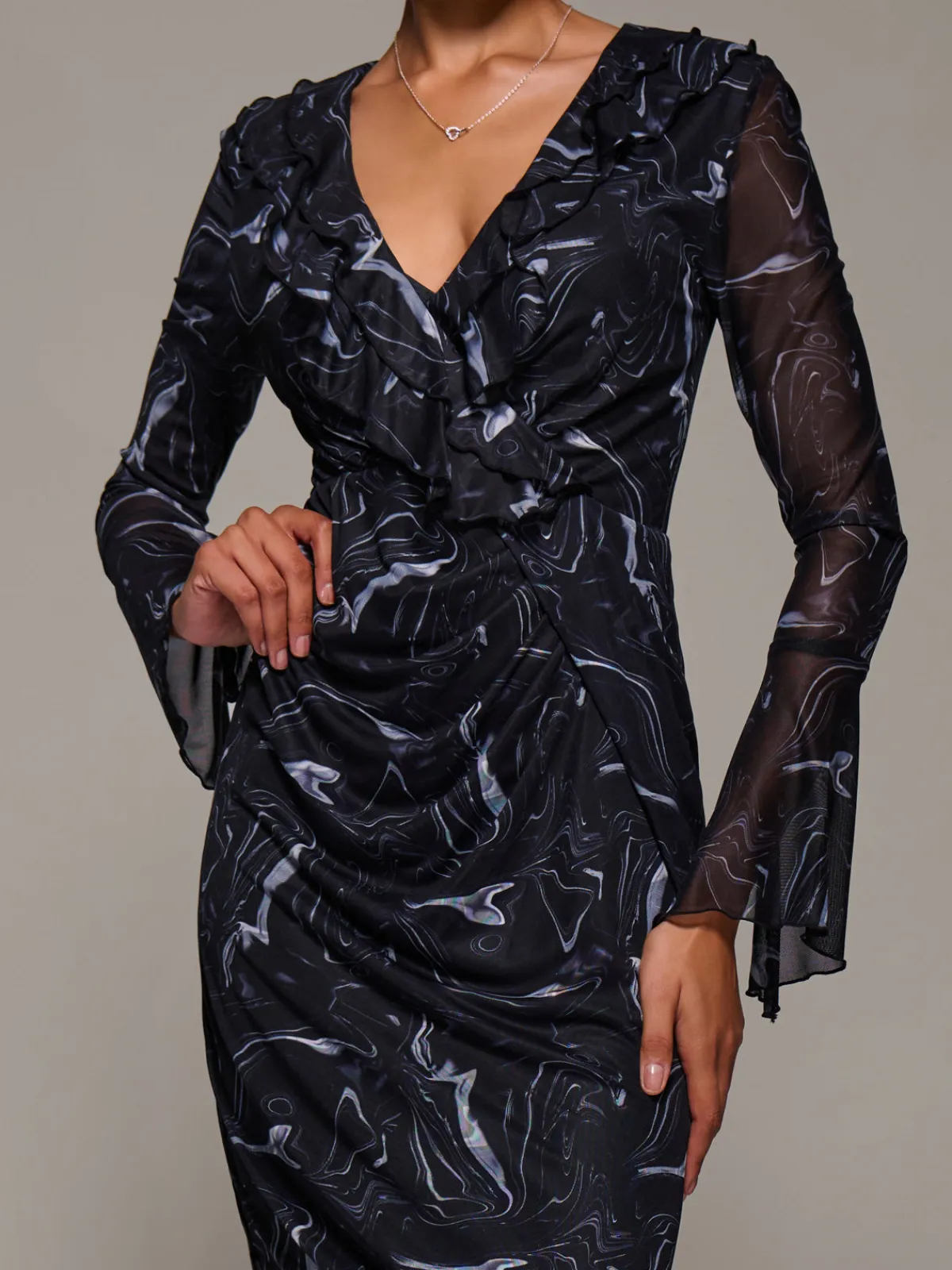 Jolie Moi Occasion Dresses|Long Sleeved Dresses-Ruffle V-Neckline Mesh Bodycon Midaxi Dress, Black Abstract