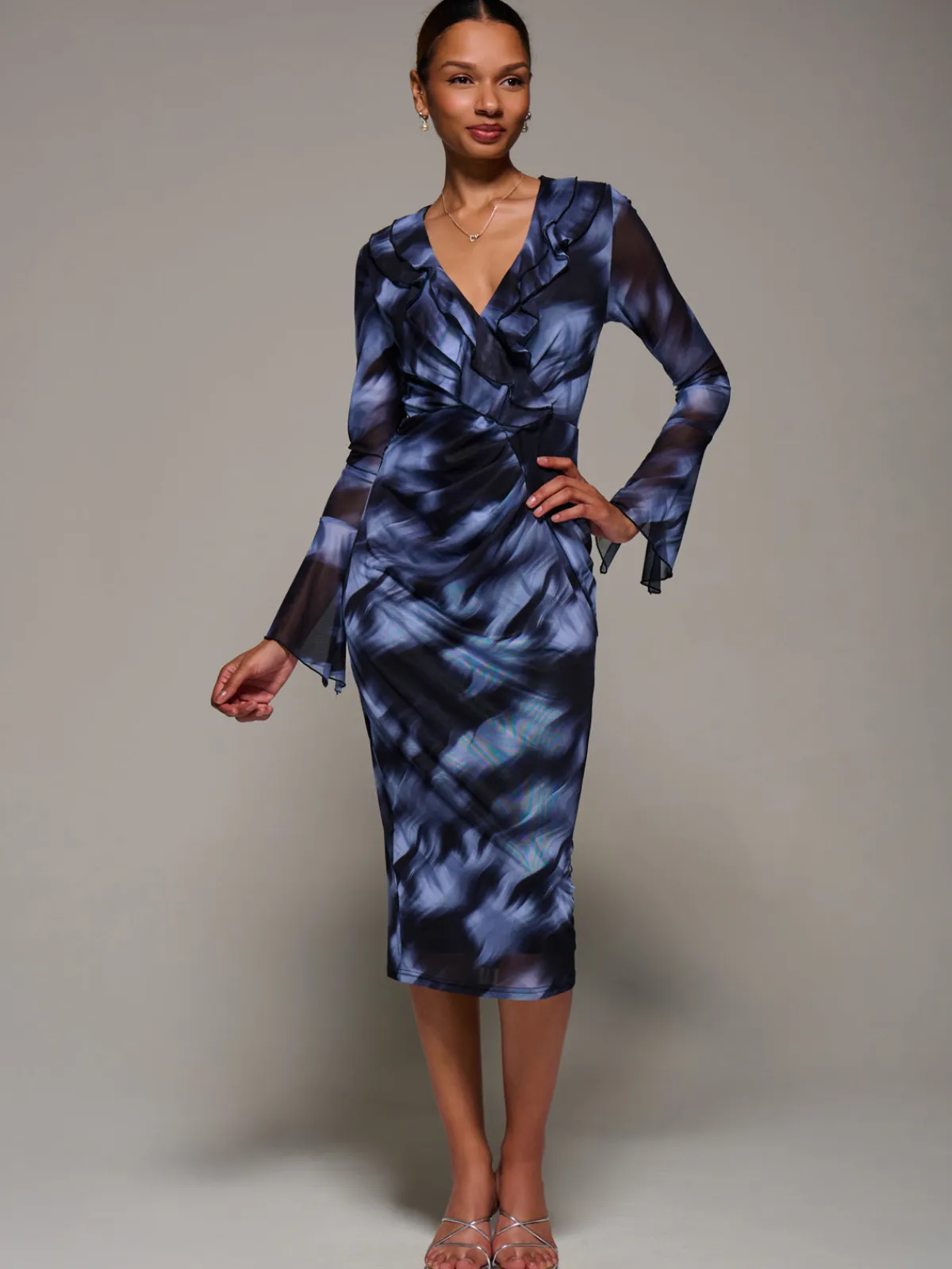 Jolie Moi Occasion Dresses|Mesh Dresses-Ruffle V-Neckline Mesh Bodycon Midaxi Dress, Blue Abstract