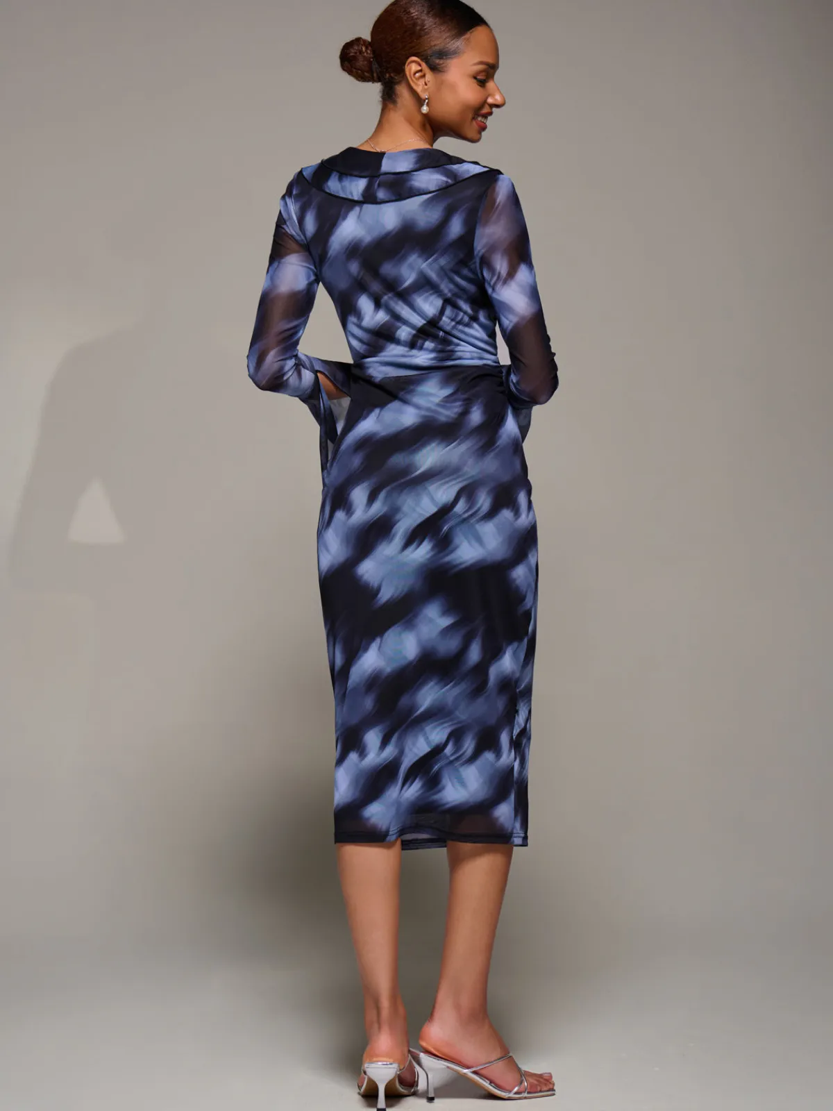 Jolie Moi Occasion Dresses|Mesh Dresses-Ruffle V-Neckline Mesh Bodycon Midaxi Dress, Blue Abstract