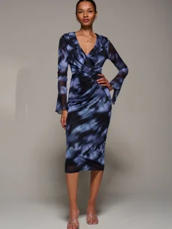 Jolie Moi Occasion Dresses|Mesh Dresses-Ruffle V-Neckline Mesh Bodycon Midaxi Dress, Blue Abstract