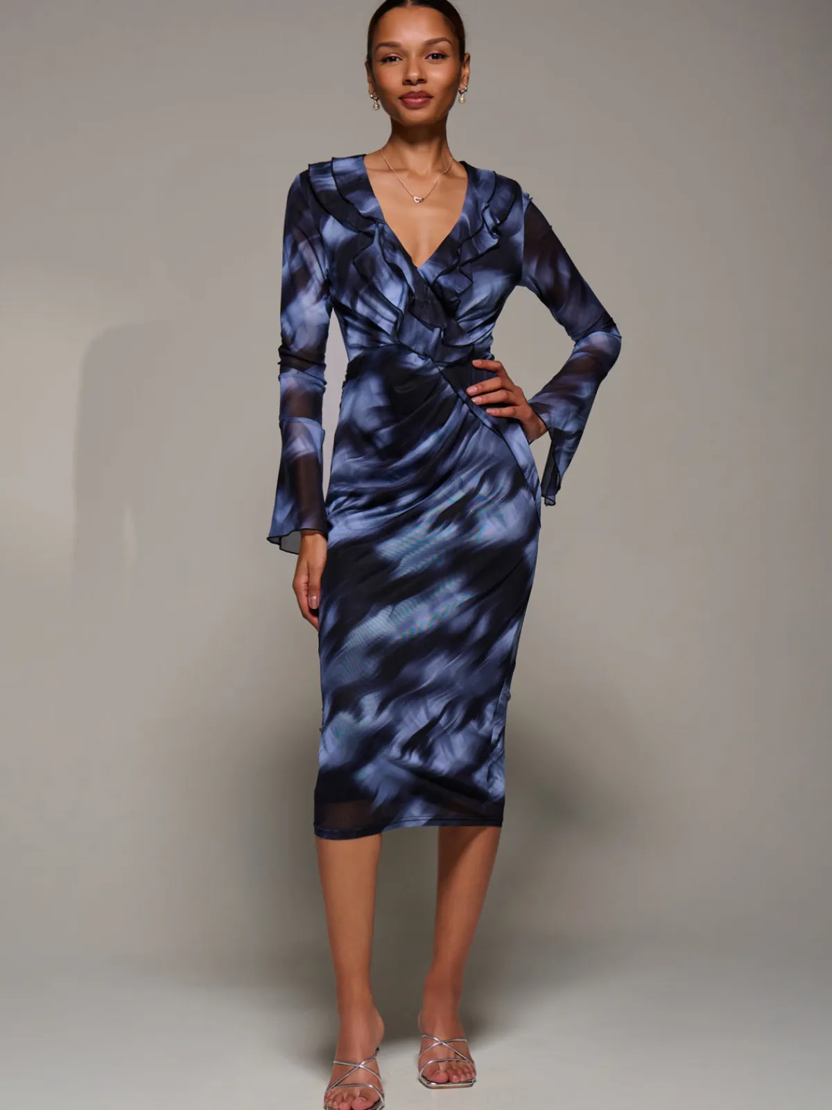 Jolie Moi Occasion Dresses|Mesh Dresses-Ruffle V-Neckline Mesh Bodycon Midaxi Dress, Blue Abstract