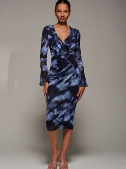 Jolie Moi Occasion Dresses|Mesh Dresses-Ruffle V-Neckline Mesh Bodycon Midaxi Dress, Blue Abstract