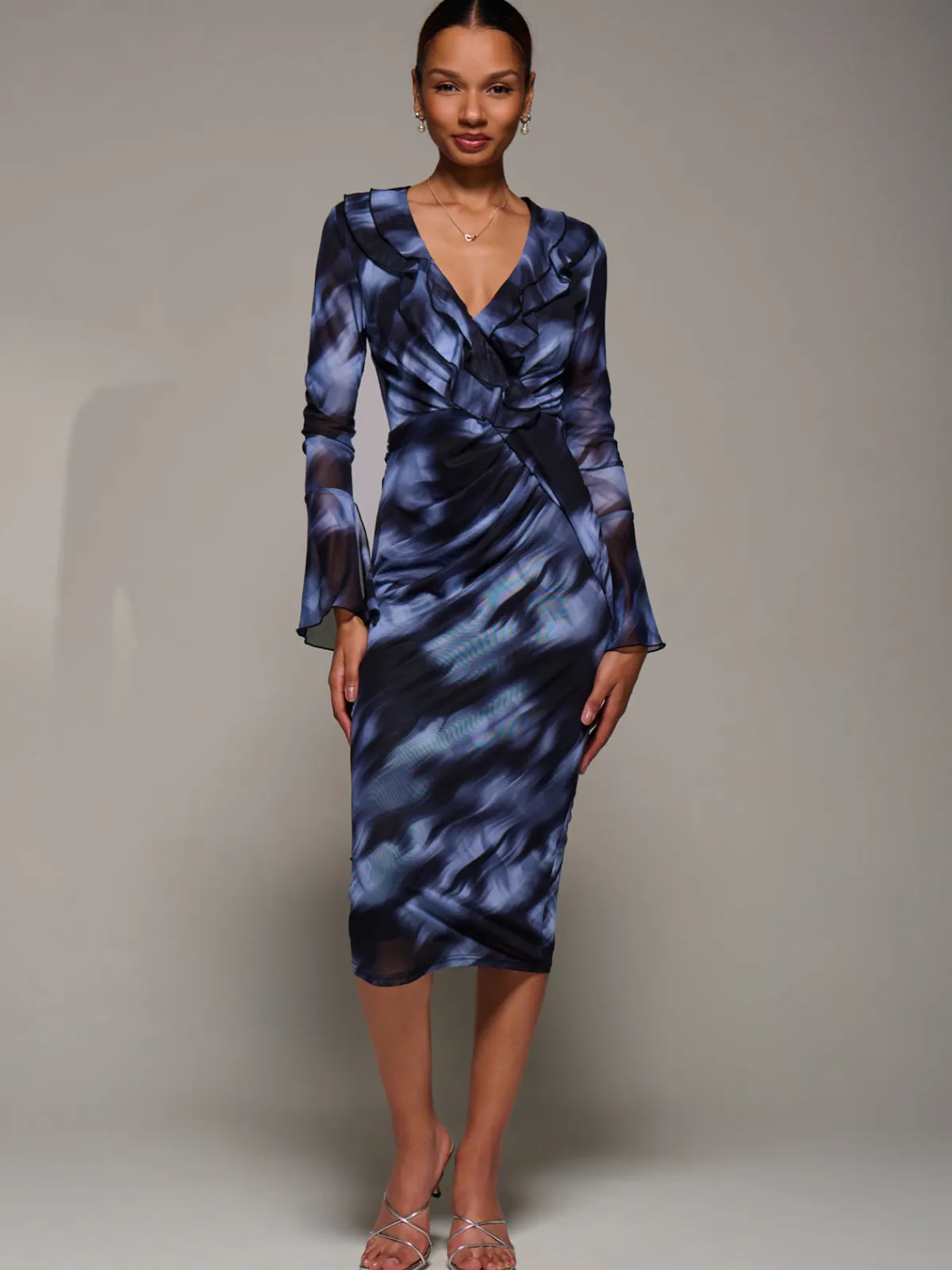 Jolie Moi Occasion Dresses|Mesh Dresses-Ruffle V-Neckline Mesh Bodycon Midaxi Dress, Blue Abstract