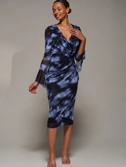 Jolie Moi Occasion Dresses|Mesh Dresses-Ruffle V-Neckline Mesh Bodycon Midaxi Dress, Blue Abstract