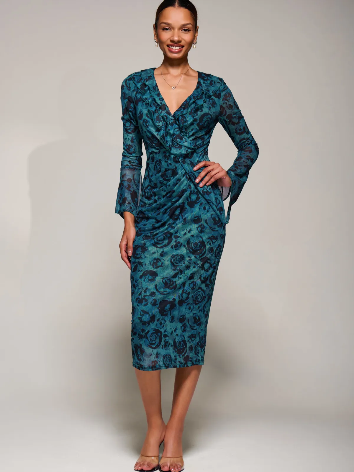 Jolie Moi Occasion Dresses|Floral Dresses-Ruffle V-Neckline Mesh Bodycon Midaxi Dress, Green Abstract
