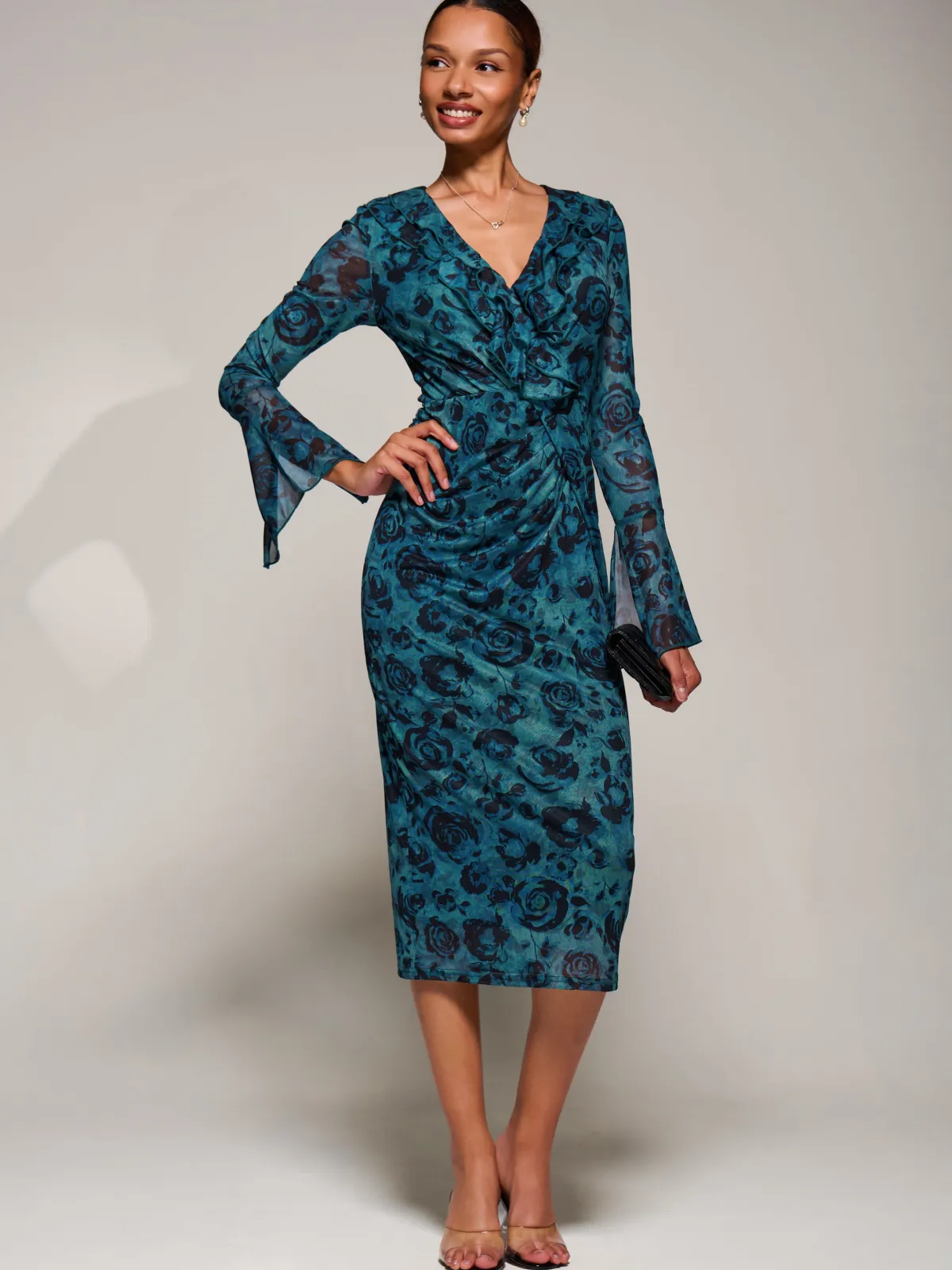 Jolie Moi Occasion Dresses|Floral Dresses-Ruffle V-Neckline Mesh Bodycon Midaxi Dress, Green Abstract