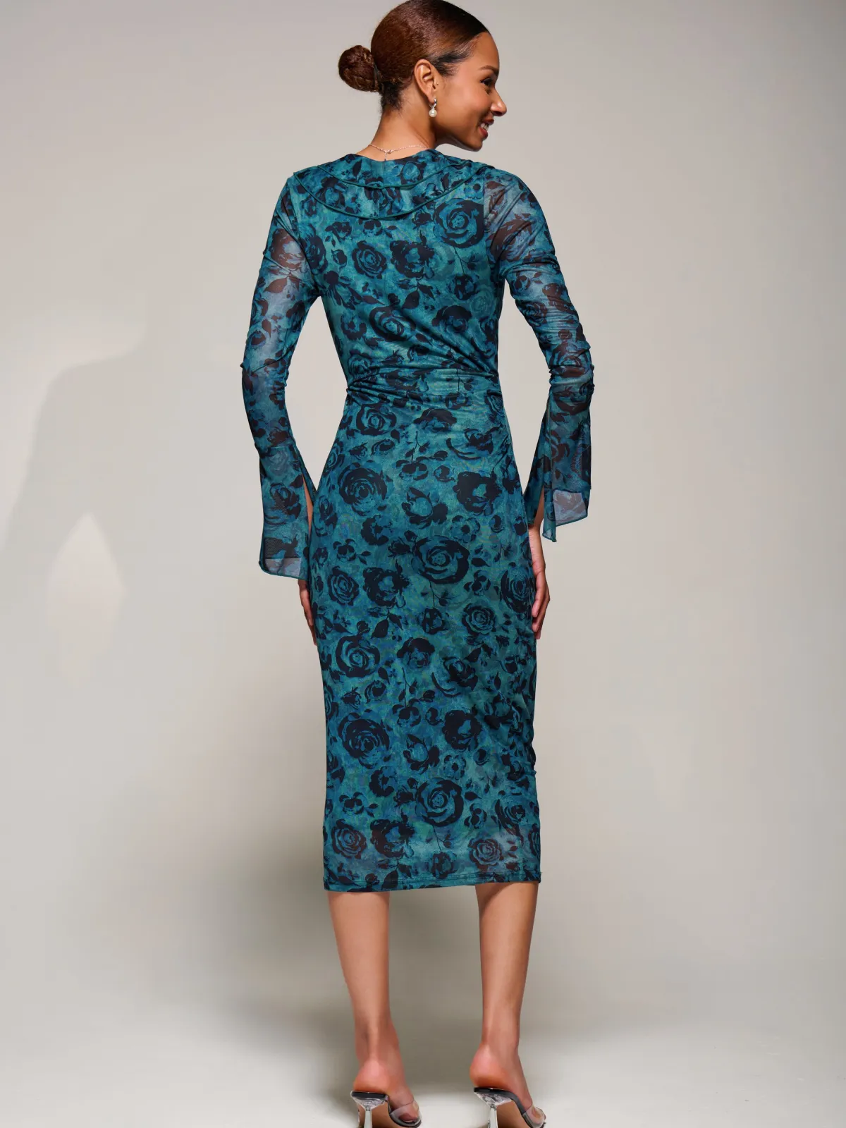 Jolie Moi Occasion Dresses|Floral Dresses-Ruffle V-Neckline Mesh Bodycon Midaxi Dress, Green Abstract