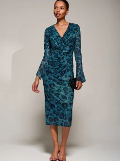 Jolie Moi Occasion Dresses|Floral Dresses-Ruffle V-Neckline Mesh Bodycon Midaxi Dress, Green Abstract