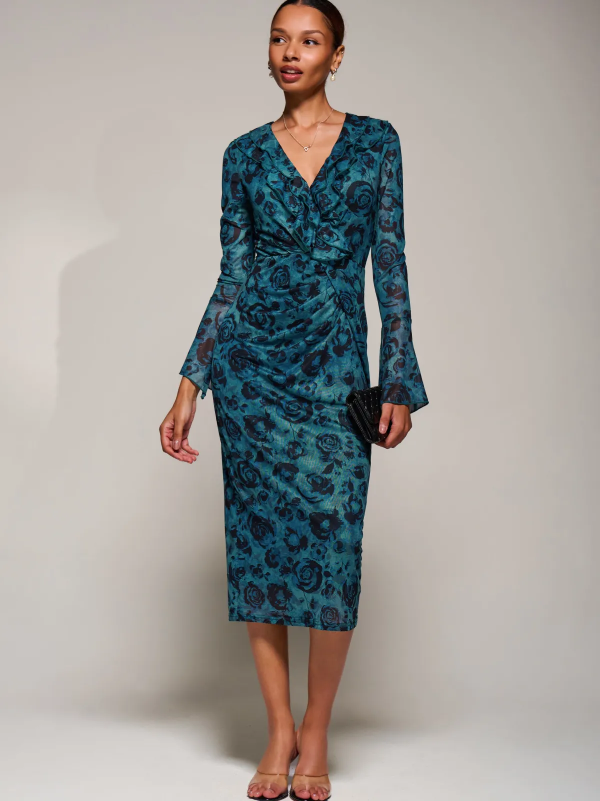 Jolie Moi Occasion Dresses|Floral Dresses-Ruffle V-Neckline Mesh Bodycon Midaxi Dress, Green Abstract
