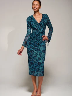 Jolie Moi Occasion Dresses|Floral Dresses-Ruffle V-Neckline Mesh Bodycon Midaxi Dress, Green Abstract