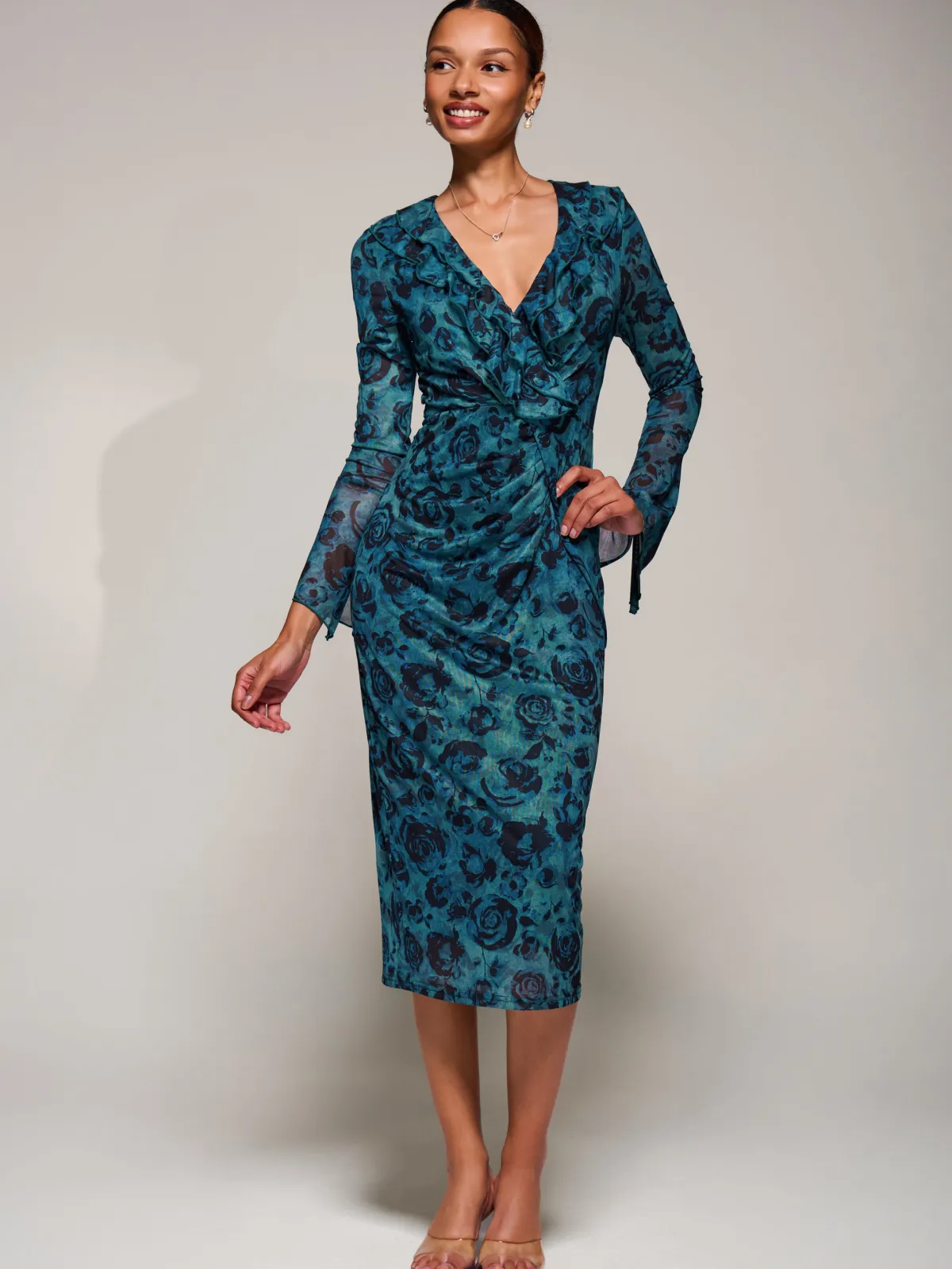 Jolie Moi Occasion Dresses|Floral Dresses-Ruffle V-Neckline Mesh Bodycon Midaxi Dress, Green Abstract
