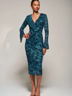 Jolie Moi Occasion Dresses|Floral Dresses-Ruffle V-Neckline Mesh Bodycon Midaxi Dress, Green Abstract