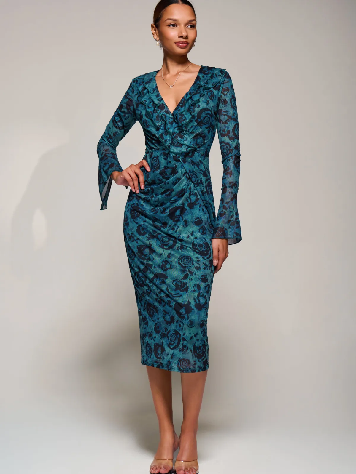 Jolie Moi Occasion Dresses|Floral Dresses-Ruffle V-Neckline Mesh Bodycon Midaxi Dress, Green Abstract