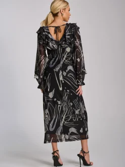 Jolie Moi Occasion Dresses|Mesh Dresses-Ruffle V Neck Long Sleeve Mesh Midaxi Dress, Black Abstract