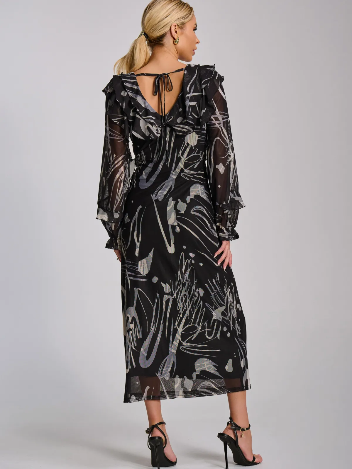 Jolie Moi Occasion Dresses|Mesh Dresses-Ruffle V Neck Long Sleeve Mesh Midaxi Dress, Black Abstract