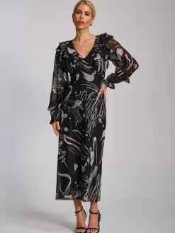 Jolie Moi Occasion Dresses|Mesh Dresses-Ruffle V Neck Long Sleeve Mesh Midaxi Dress, Black Abstract
