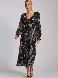 Jolie Moi Occasion Dresses|Mesh Dresses-Ruffle V Neck Long Sleeve Mesh Midaxi Dress, Black Abstract