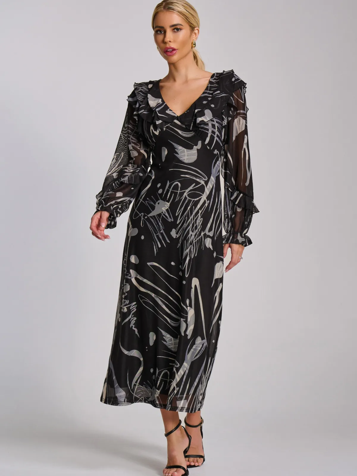 Jolie Moi Occasion Dresses|Mesh Dresses-Ruffle V Neck Long Sleeve Mesh Midaxi Dress, Black Abstract