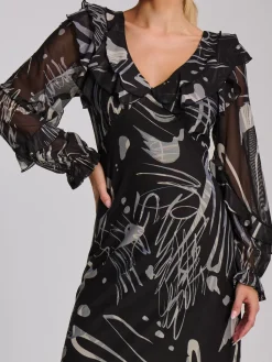 Jolie Moi Occasion Dresses|Mesh Dresses-Ruffle V Neck Long Sleeve Mesh Midaxi Dress, Black Abstract
