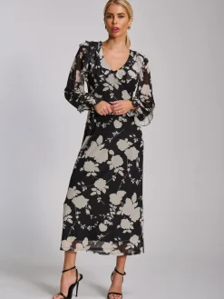 Jolie Moi Occasion Dresses|Floral Dresses-Ruffle V Neck Long Sleeve Mesh Midaxi Dress, Black Floral