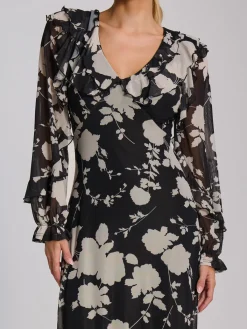 Jolie Moi Occasion Dresses|Floral Dresses-Ruffle V Neck Long Sleeve Mesh Midaxi Dress, Black Floral