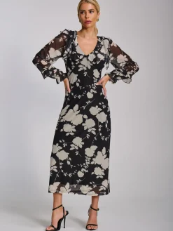 Jolie Moi Occasion Dresses|Floral Dresses-Ruffle V Neck Long Sleeve Mesh Midaxi Dress, Black Floral