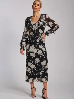Jolie Moi Occasion Dresses|Floral Dresses-Ruffle V Neck Long Sleeve Mesh Midaxi Dress, Black Floral