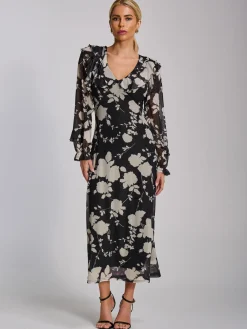 Jolie Moi Occasion Dresses|Floral Dresses-Ruffle V Neck Long Sleeve Mesh Midaxi Dress, Black Floral