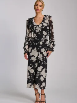Jolie Moi Occasion Dresses|Floral Dresses-Ruffle V Neck Long Sleeve Mesh Midaxi Dress, Black Floral