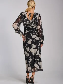 Jolie Moi Occasion Dresses|Floral Dresses-Ruffle V Neck Long Sleeve Mesh Midaxi Dress, Black Floral