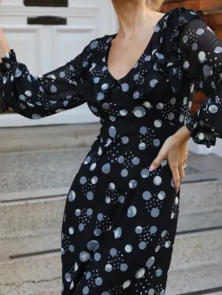 Jolie Moi Occasion Dresses|Mesh Dresses-Ruffle V Neck Long Sleeve Mesh Midaxi Dress, Black Polka Dots