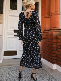Jolie Moi Occasion Dresses|Mesh Dresses-Ruffle V Neck Long Sleeve Mesh Midaxi Dress, Black Polka Dots